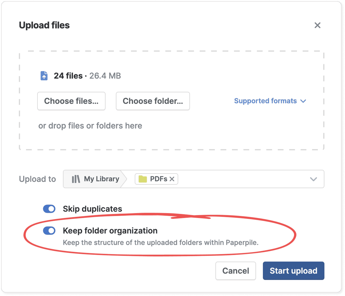 The Upload files dialog with 24 files queued and the “Keep folder organization” toggle circled in the on position, described as keeping the structure of uploaded folders within Paperpile.